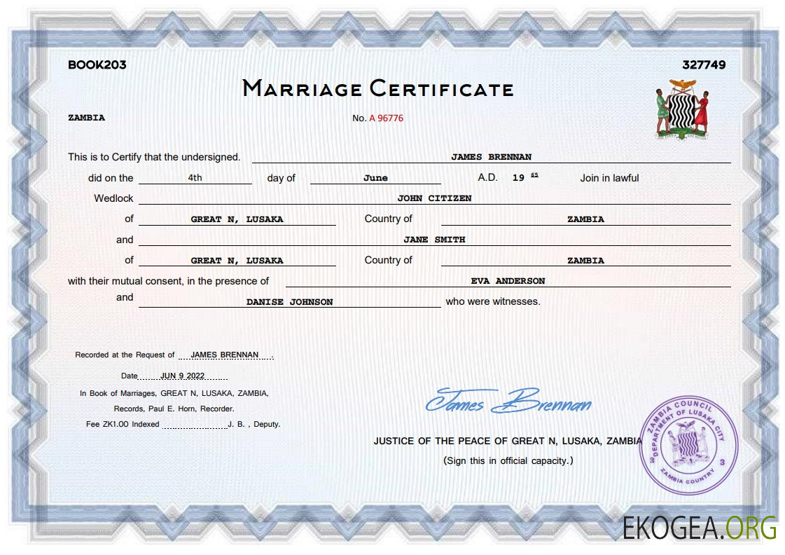 Modèle Word et PDF de certificat de mariage en Zambie